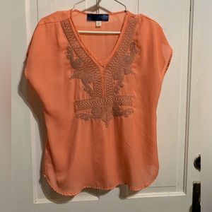 Blue Rain Coral and Silver Embroidered V Neck Blouse